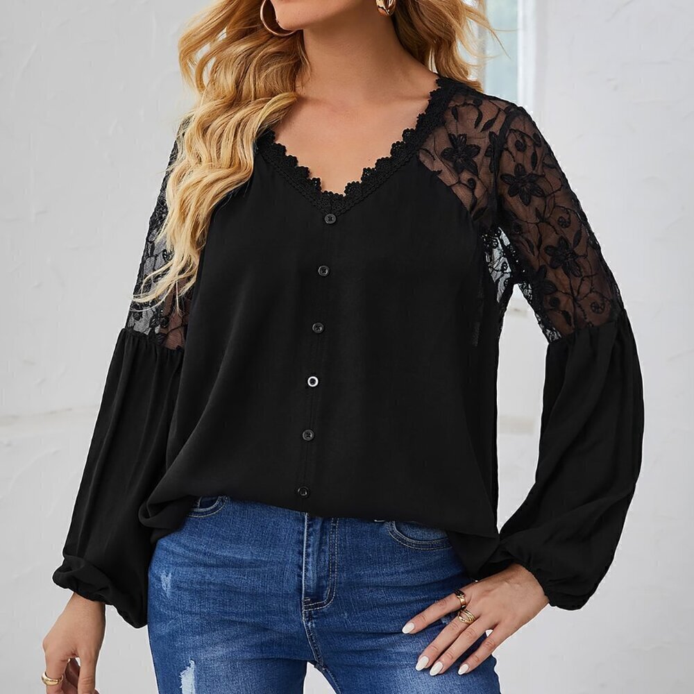 Black Casual Women's Guipure Lace Trim Embroidery Mesh Insert Blouse